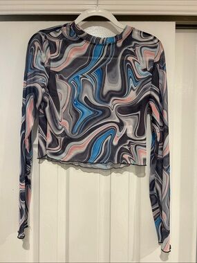 Long-Sleeve Sheer Swirl Print Crop Top - Blue & Pink